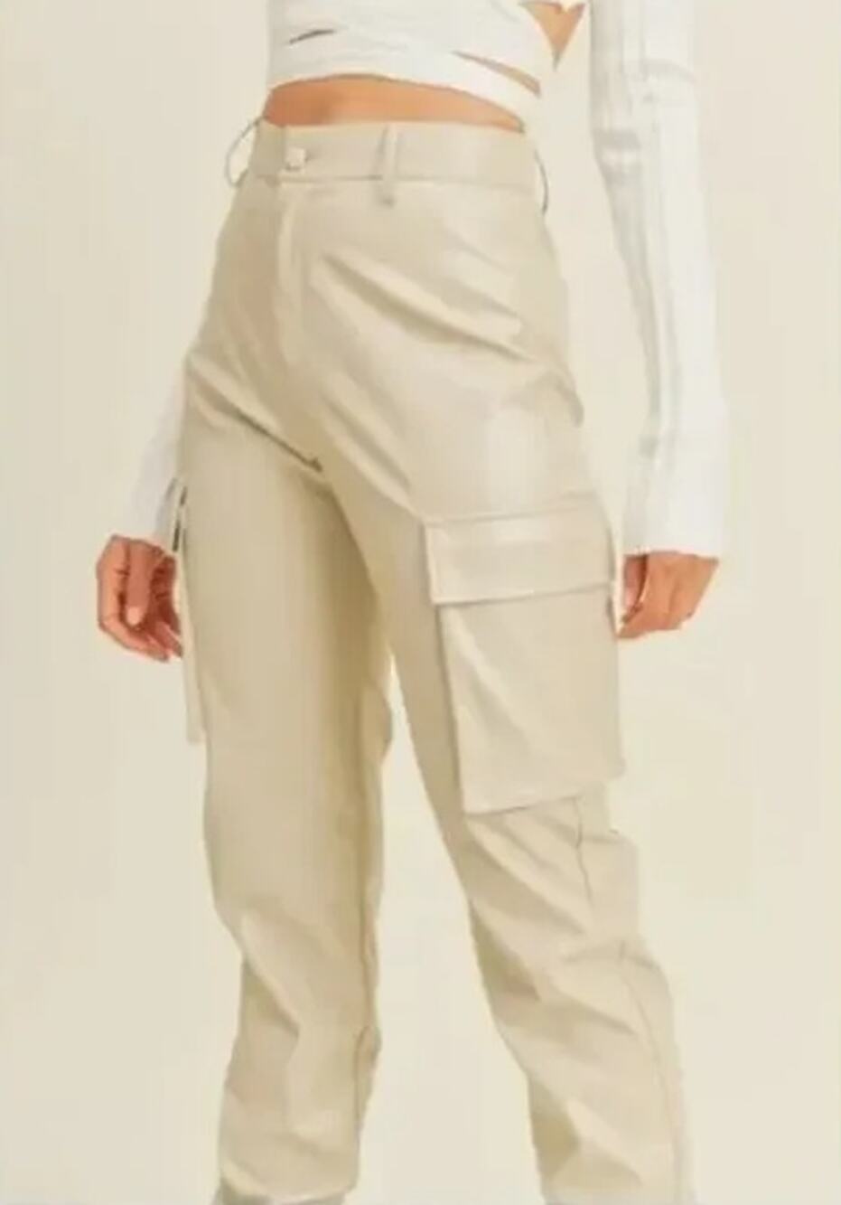 BAILEY/44 Vegan Leather Cargo Pant Ivory High Rise Cuffed Ankle Women's 4
